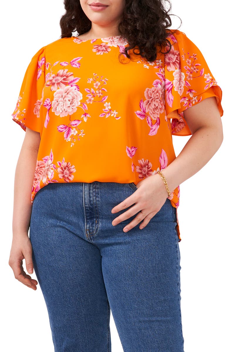 Vince Camuto Women's Rio Gardens Flutter Sleeve Blouse Orange Size 1X