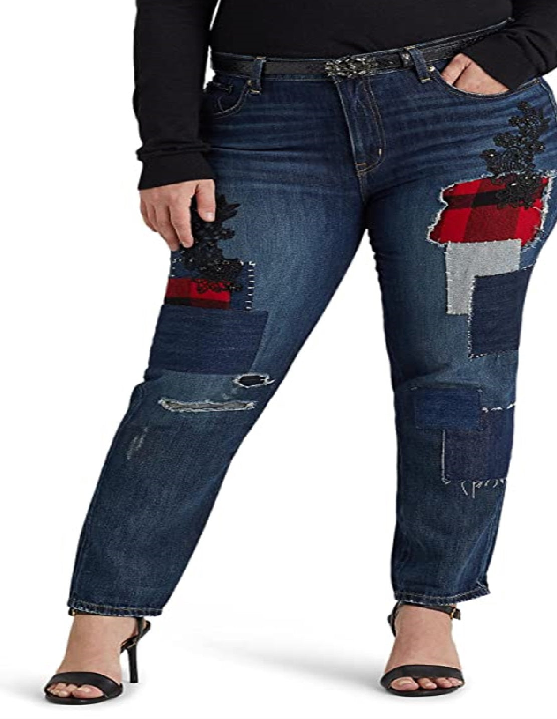 Ralph Lauren Women's Patchwork Relaxed Tapered Ankle Jeans Blue Size Petite Small