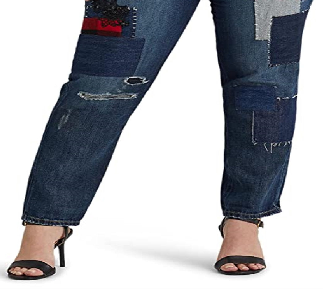 Ralph Lauren Women's Patchwork Relaxed Tapered Ankle Jeans Blue Size Petite Small