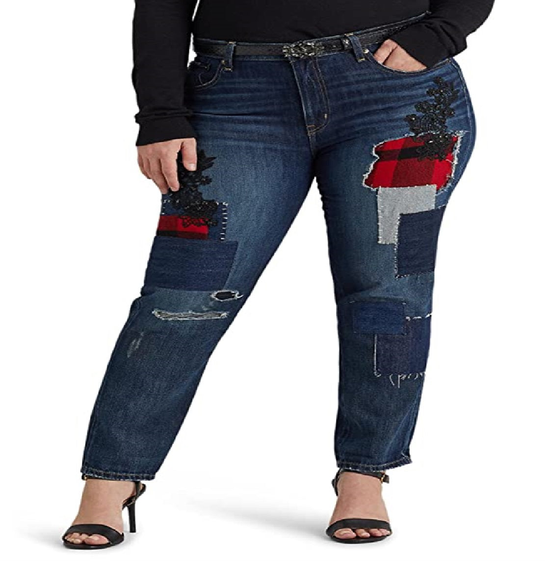 Ralph Lauren Women's Patchwork Relaxed Tapered Ankle Jeans Blue Size 18W
