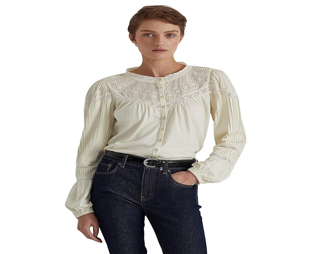 Ralph Lauren Women's Eyelet Embroidered Cotton Blend Top White Size Large