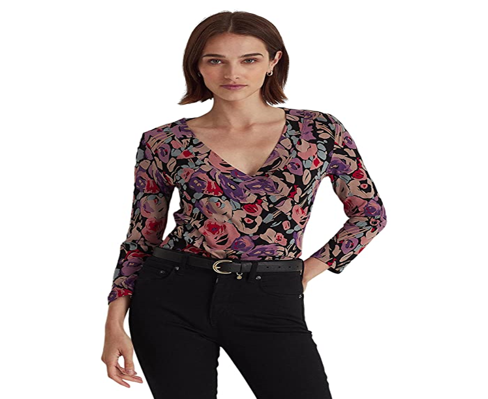 Ralph Lauren Women's Floral Surplice Jersey Top Black Size Small