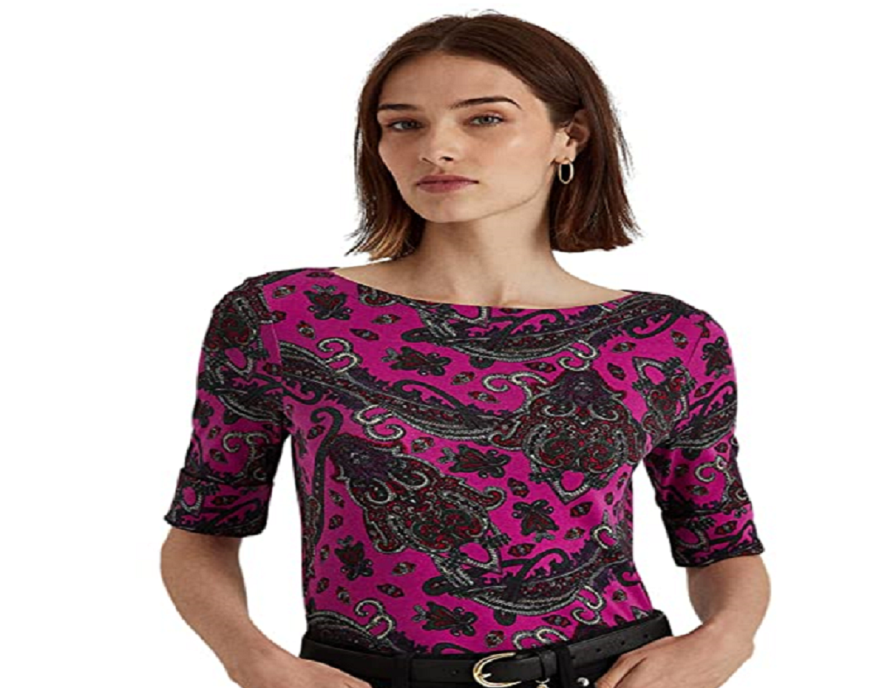 Ralph Lauren Women's Paisley Stretch Cotton Tee Pink Size Large