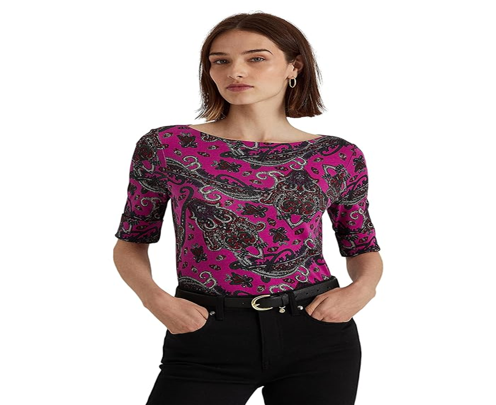 Ralph Lauren Women's Paisley Stretch Cotton Tee Pink Size X-Large