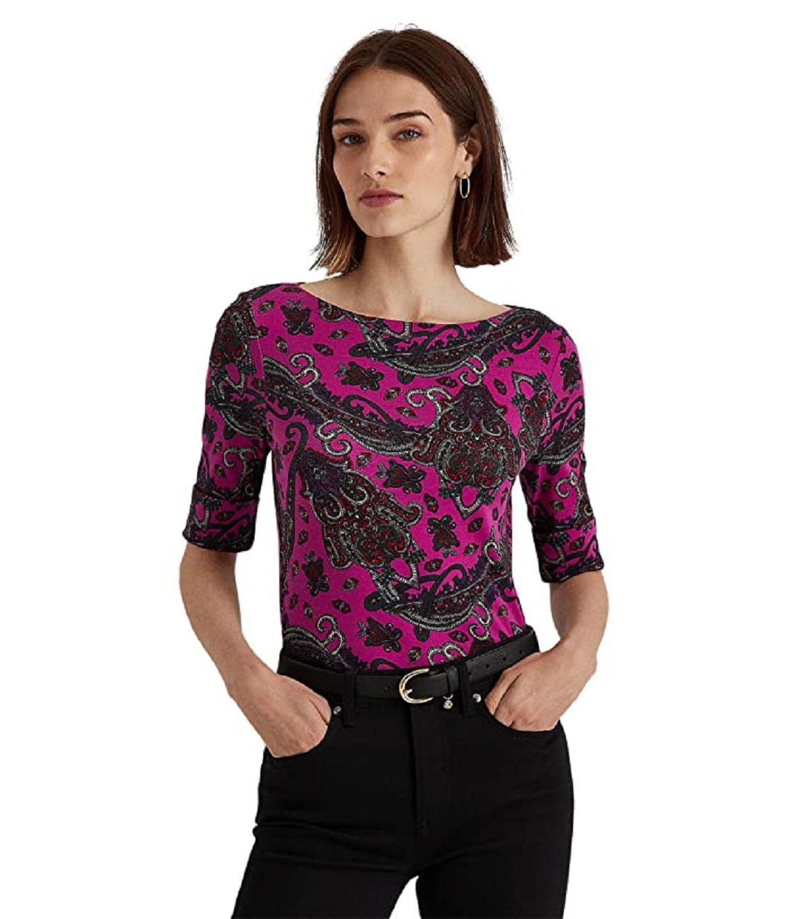 Ralph Lauren Women's Paisley Stretch Cotton Tee Pink Size X-Small