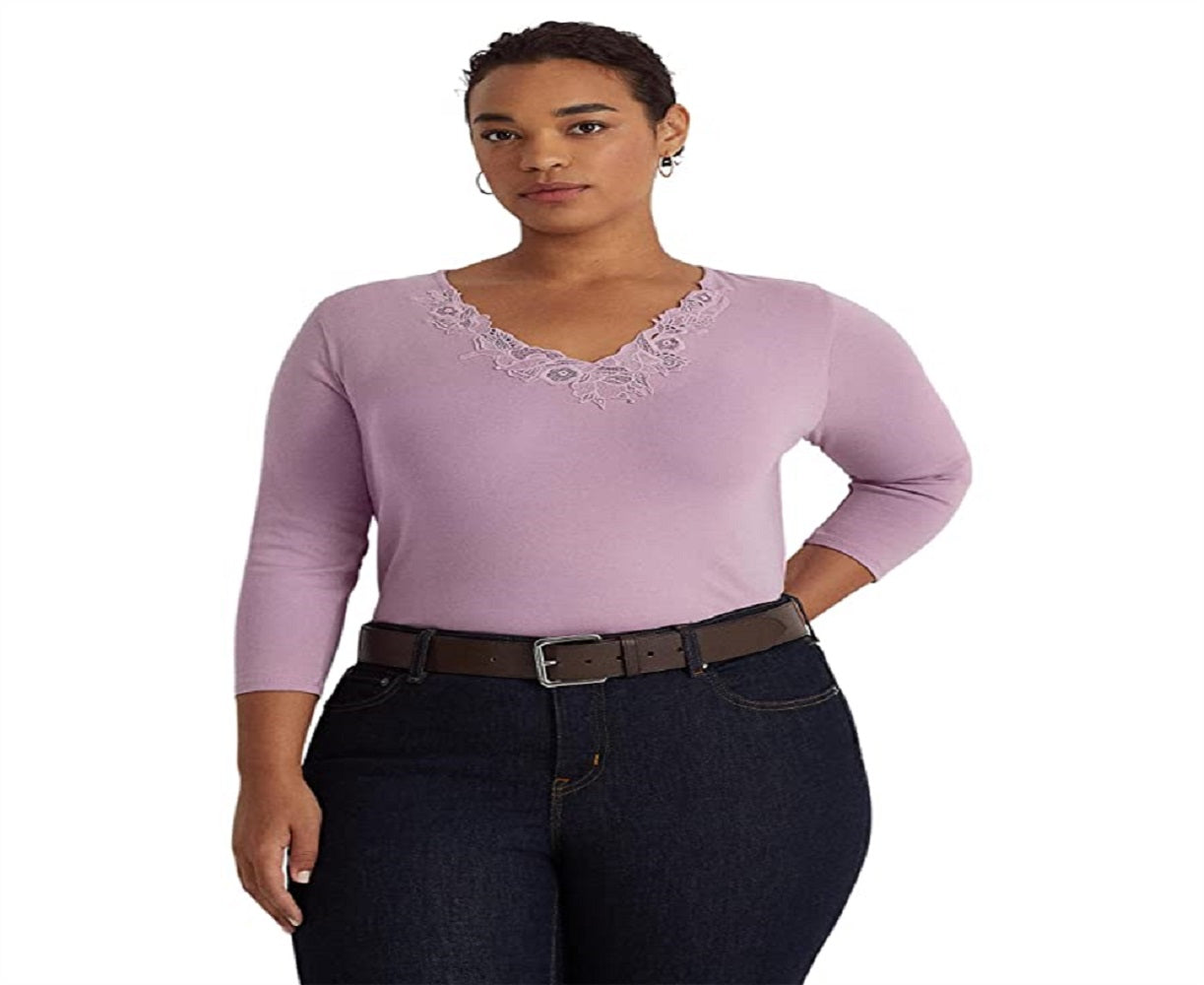 Ralph Lauren Women's Lace Trim Stretch Cotton Top Purple Size 2X