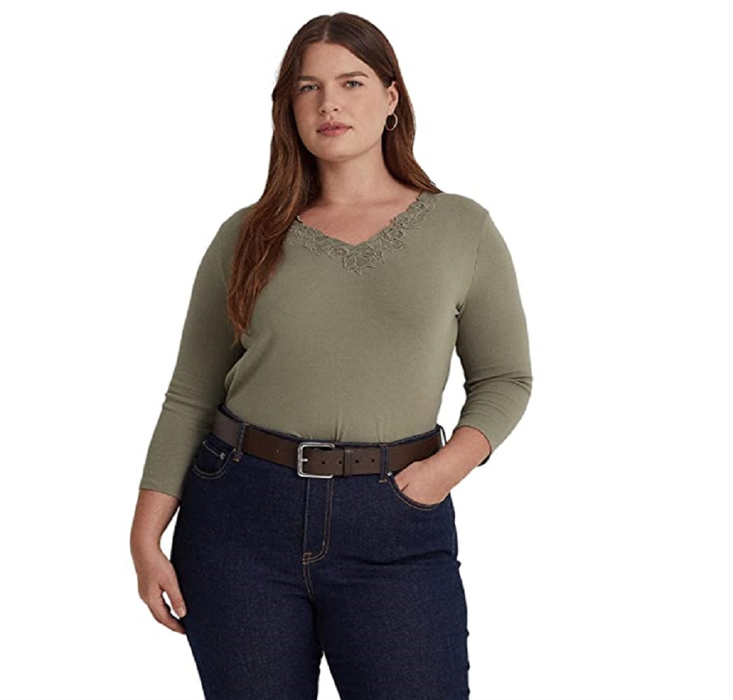 Ralph Lauren Women's Lace Trim Stretch Cotton Top Green Size 2X