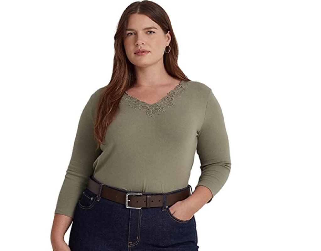 Ralph Lauren Women's Lace Trim Stretch Cotton Top Green Size 2X