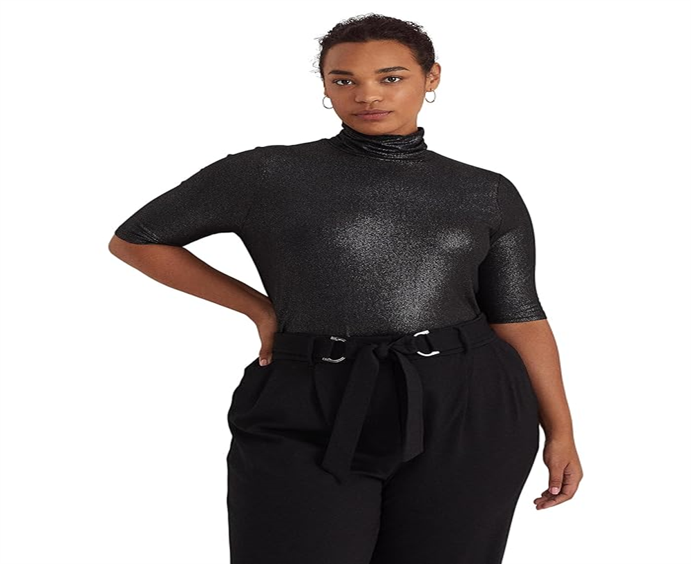 Ralph Lauren Women's Metallic Stretch Jersey Turtleneck Black Size 2X