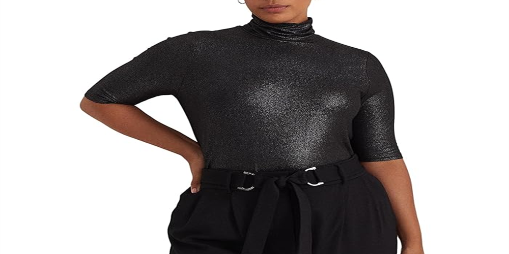 Ralph Lauren Women's Metallic Stretch Jersey Turtleneck Black Size 2X