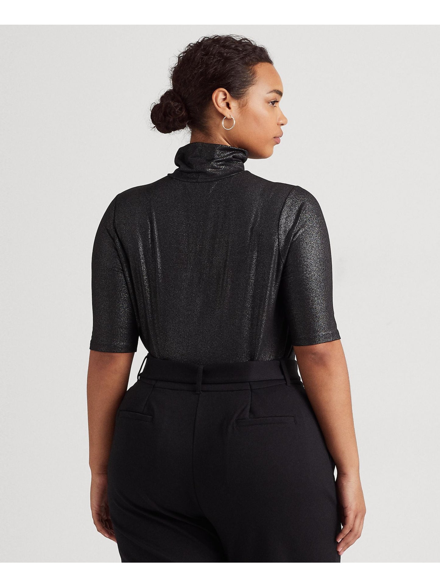 Ralph Lauren Women's Jersey Metallic Elbow Sleeve Turtle Neck Top Black Size 3X