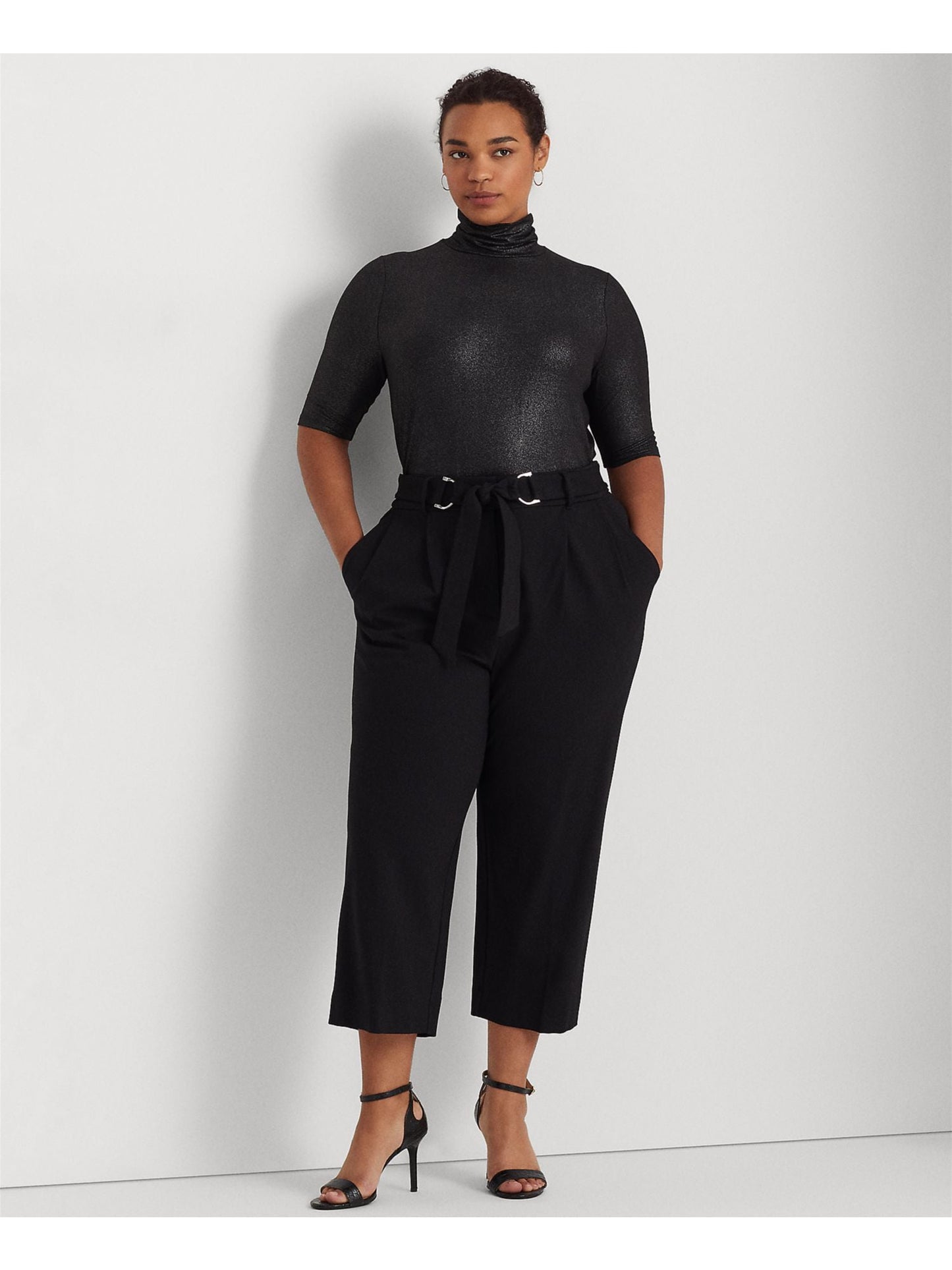 Ralph Lauren Women's Jersey Metallic Elbow Sleeve Turtle Neck Top Black Size 3X