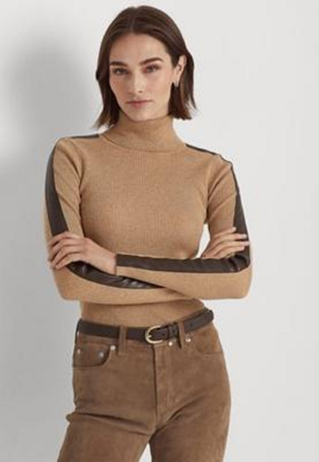 Ralph Lauren Women's Faux Leather Trim Turtleneck Sweater Brown Size Medium
