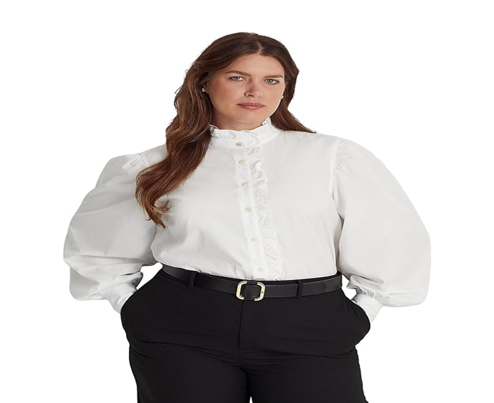 Ralph Lauren Women's Ruffle Trim Cotton Broadcloth Shirt White Size 3X