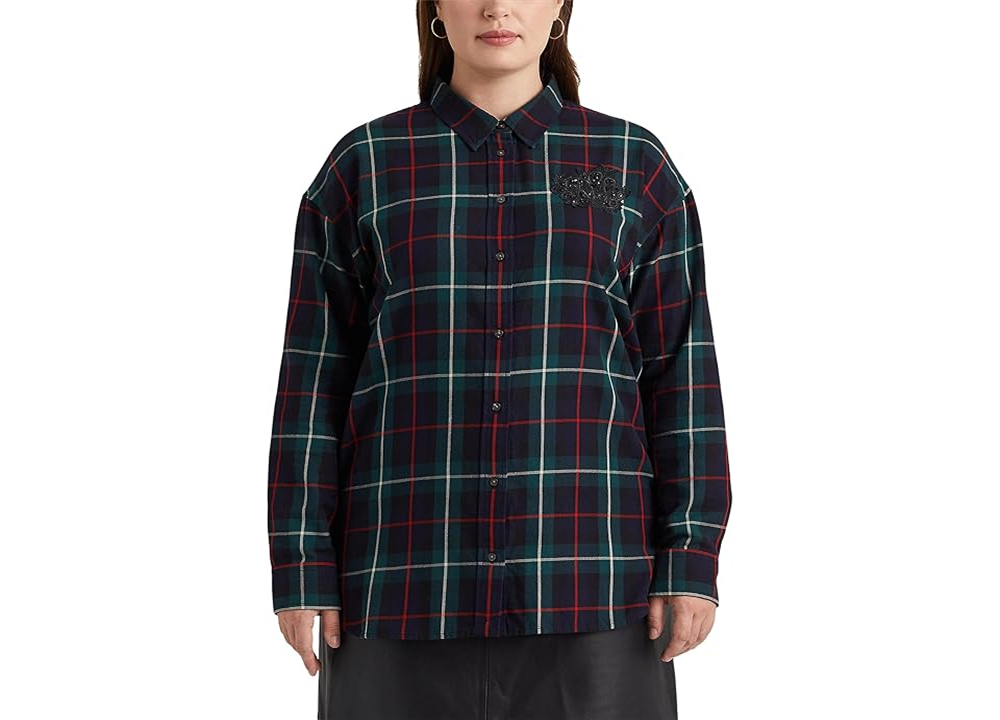 Ralph Lauren Women's Bullion Patch Plaid Twill Shirt Blue Size 3X