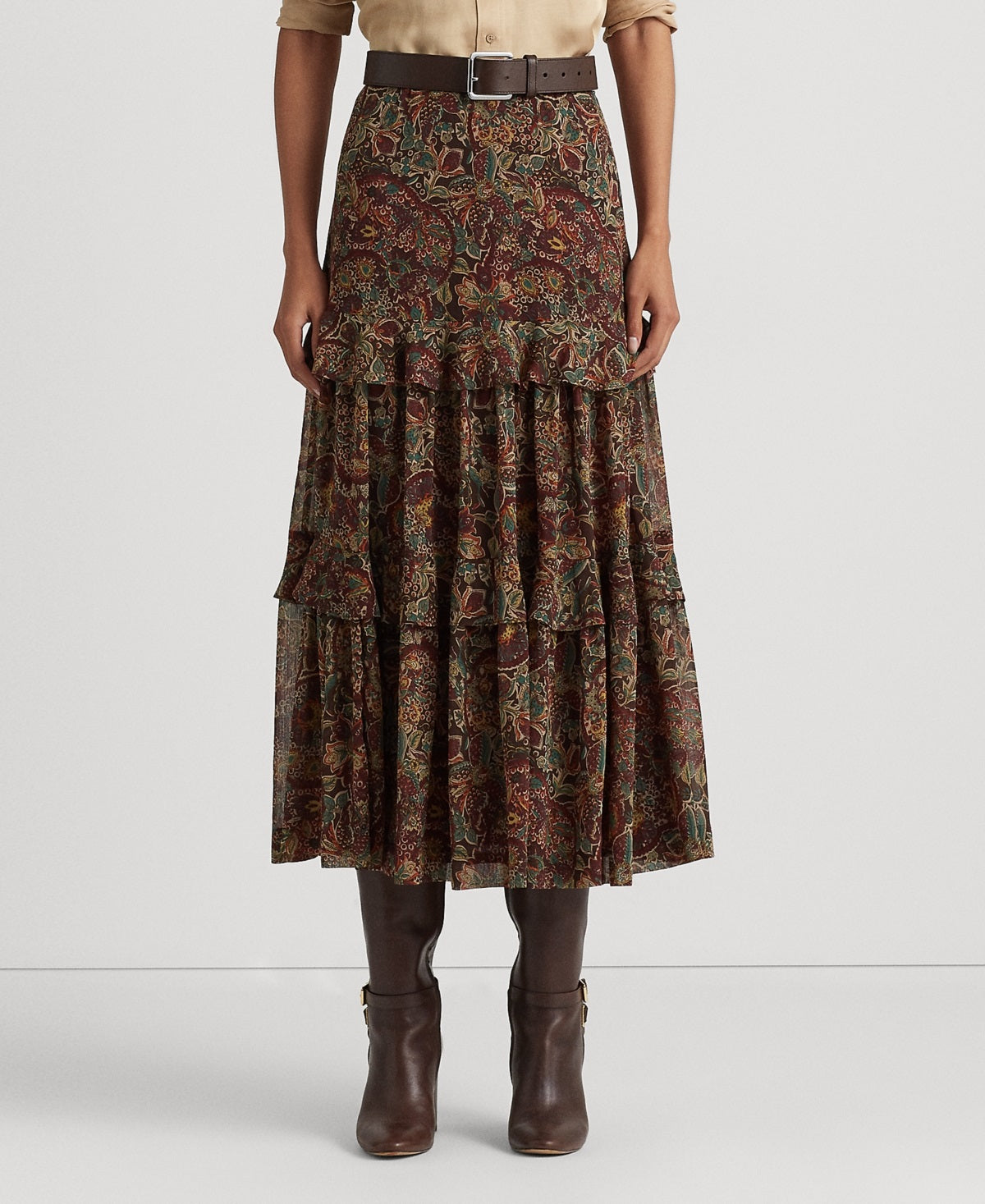 Ralph Lauren Women's Floral Crinkle Georgette Tiered Skirt Red Size 8