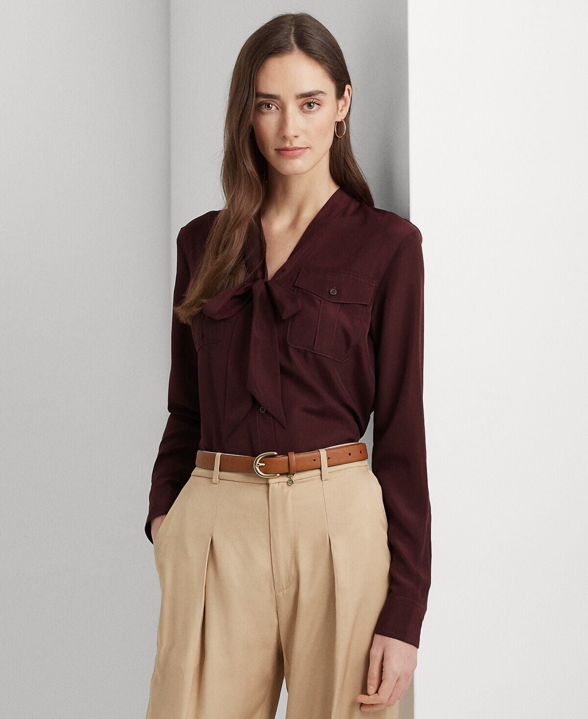 Ralph Lauren Women's Crepe Tie Neck Shirt Red Size Medium