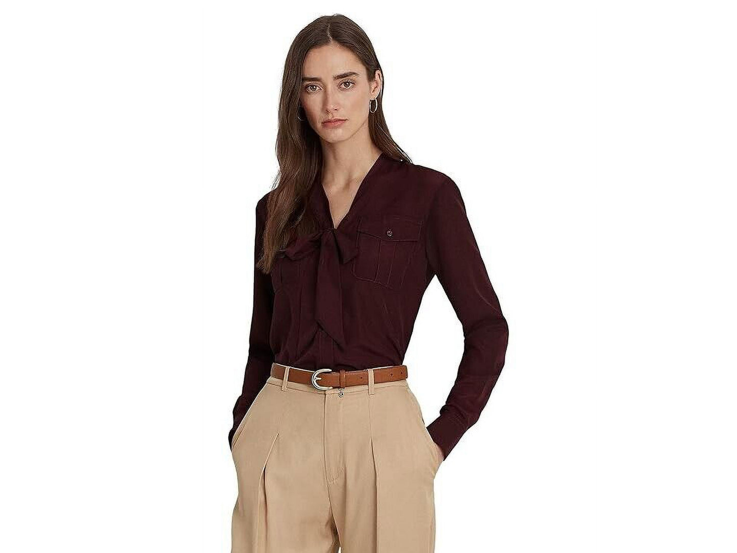 Ralph Lauren Women's Crepe Tie Neck Shirt Red Size Medium