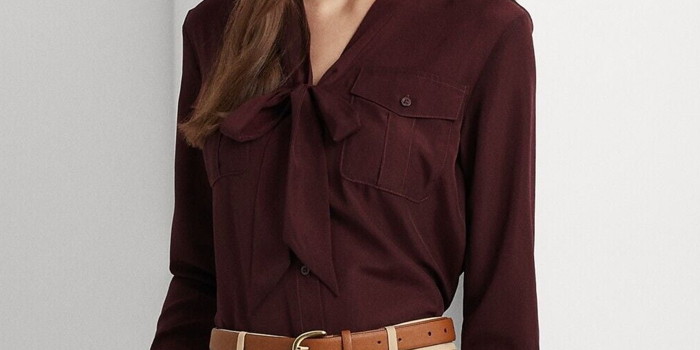 Ralph Lauren Women's Crepe Tie Neck Shirt Red Size Medium