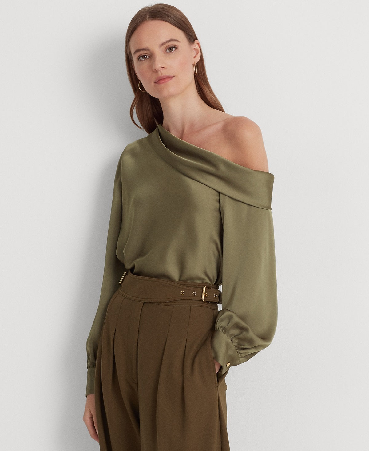 Ralph Lauren Women's Satin One Shoulder Blouse Green Size Small
