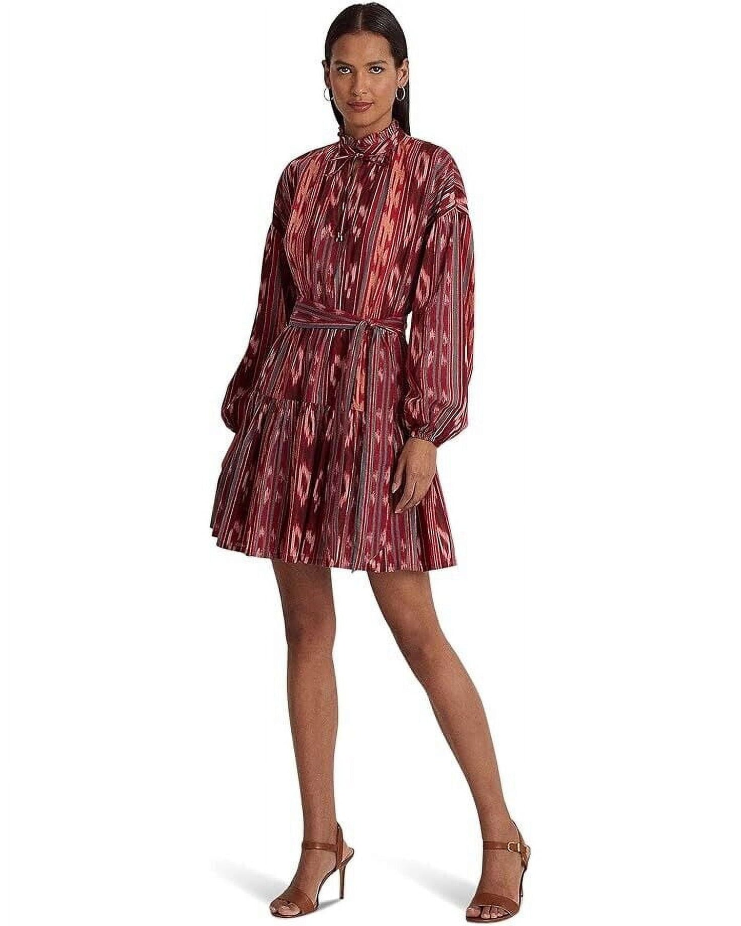 Ralph Lauren Women's Geo Stripe Belted Cotton Voile Dress Red
