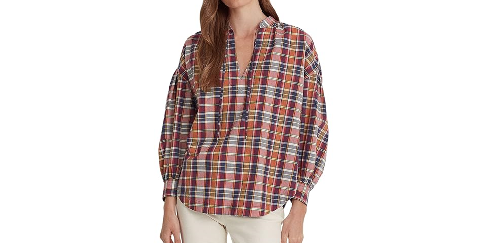 Ralph Lauren Women's Cotton Blend Tie Neck Blouse Red