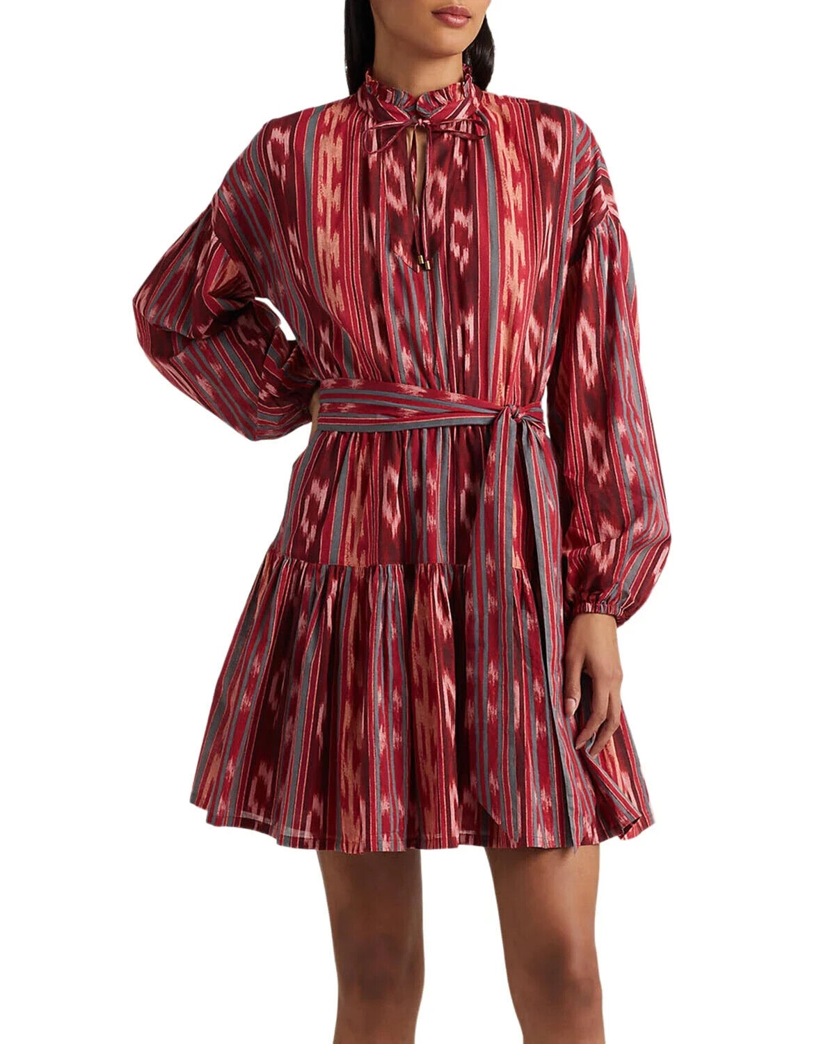 Ralph Lauren Women's Geo Stripe Belted Cotton Voile Dress Red