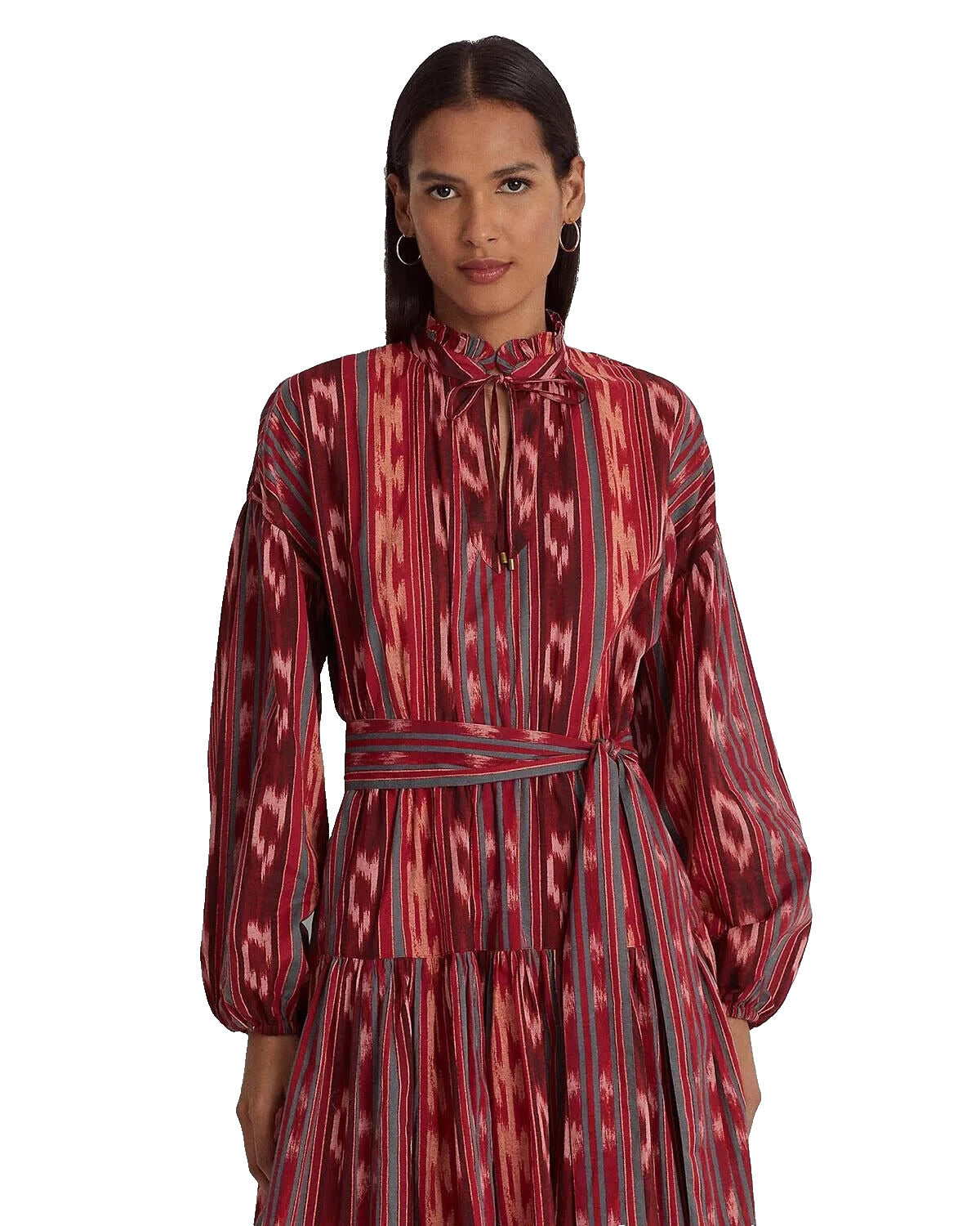 Ralph Lauren Women's Geo Stripe Belted Cotton Voile Dress Red