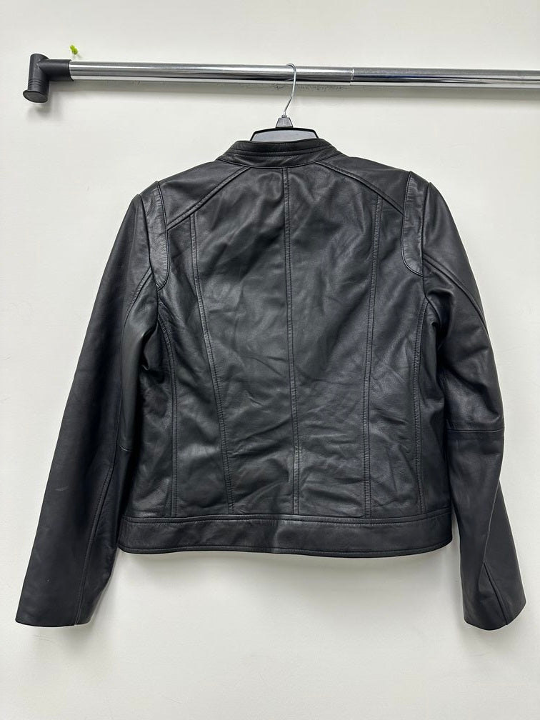 Cole Haan Women's Stand-Collar Leather Moto Coat Black Size Large