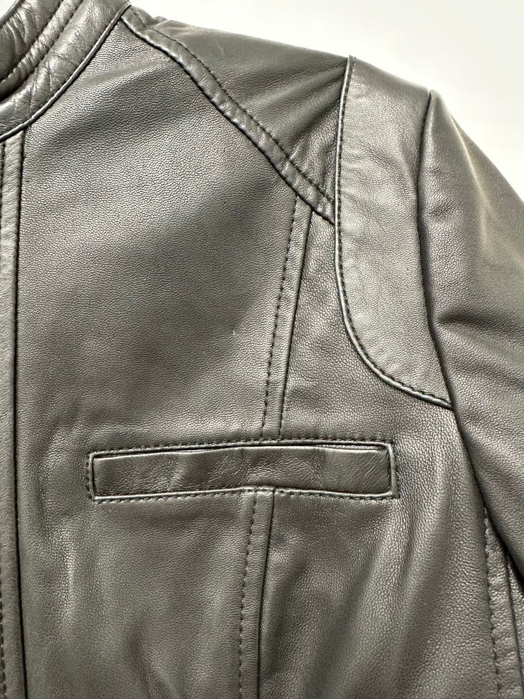 Cole Haan Women's Stand-Collar Leather Moto Coat Black Size Large