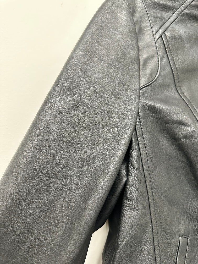 Cole Haan Women's Stand-Collar Leather Moto Coat Black Size Large