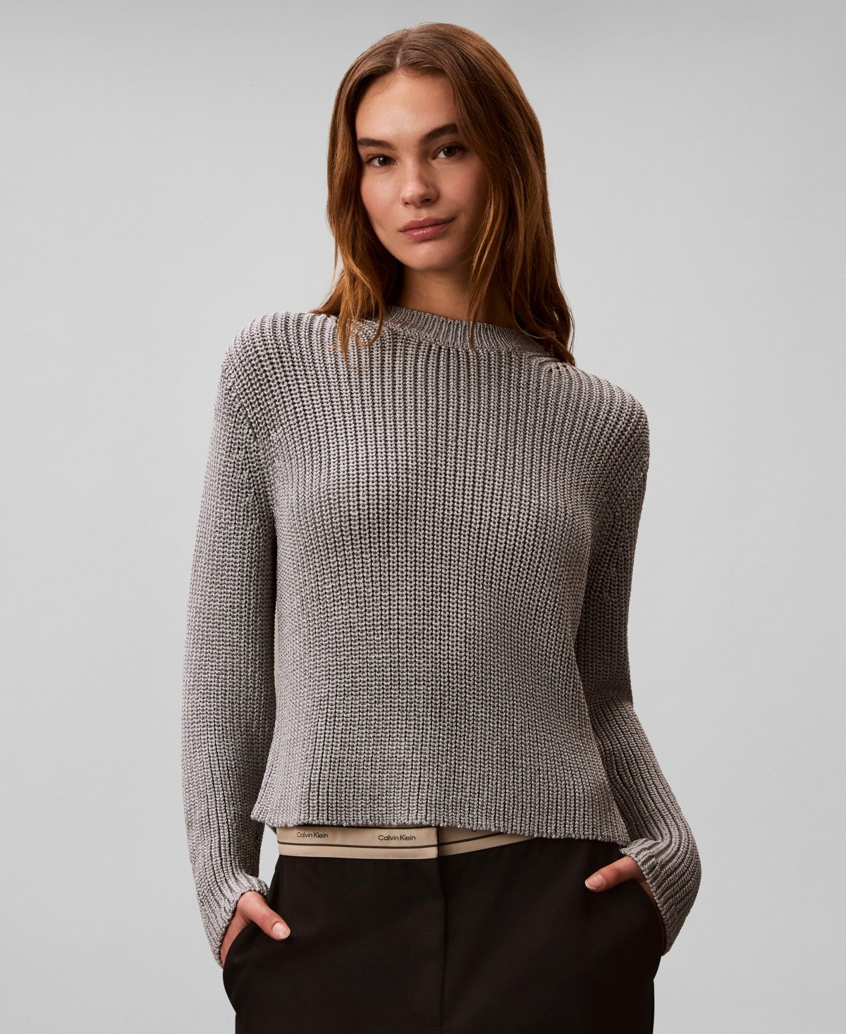 Calvin Klein Womens Pull On Ribbed Relaxed Sweater Silver