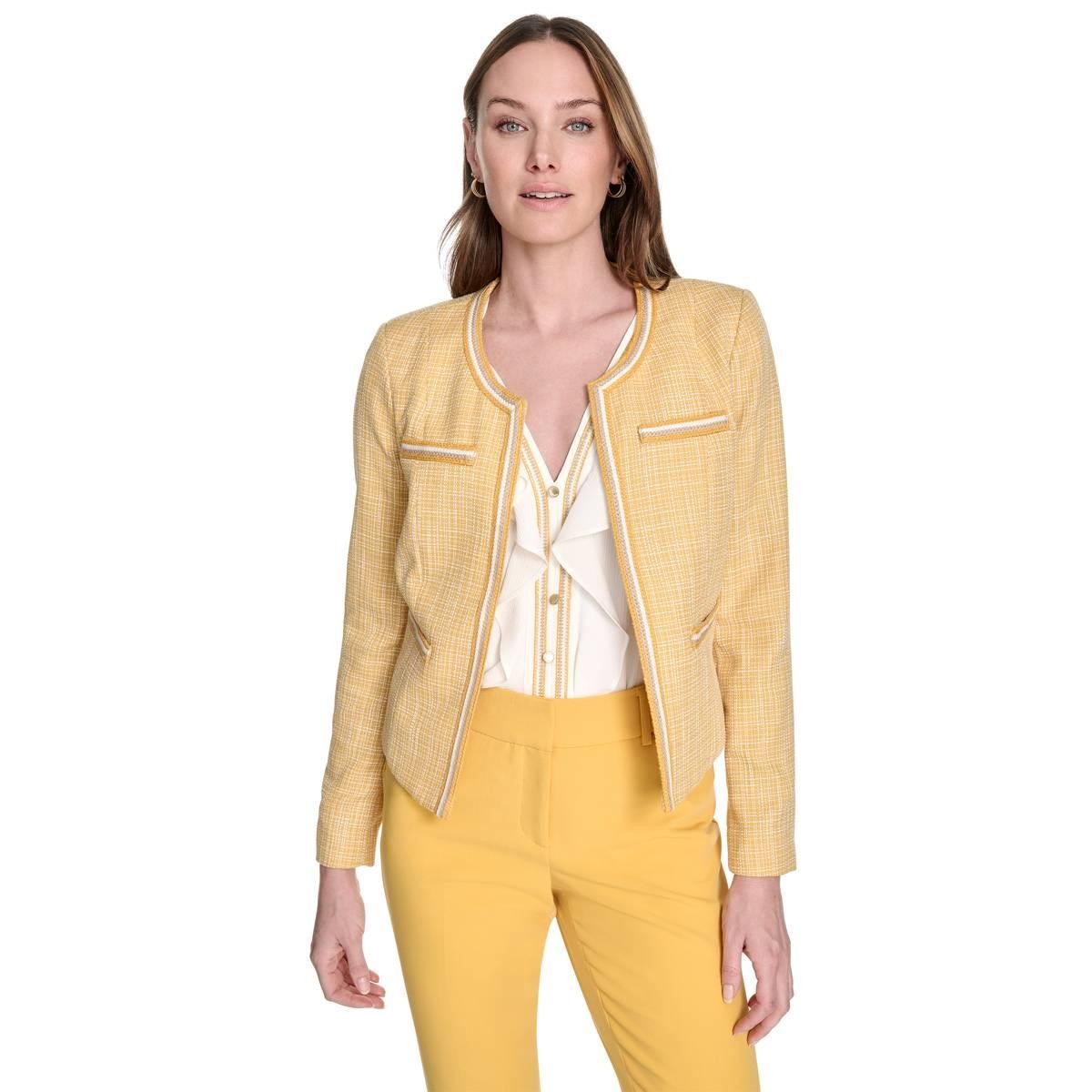 Tommy Hilfiger Womens Tweed Collarless Open Front Jacket Deep Maize Ivory