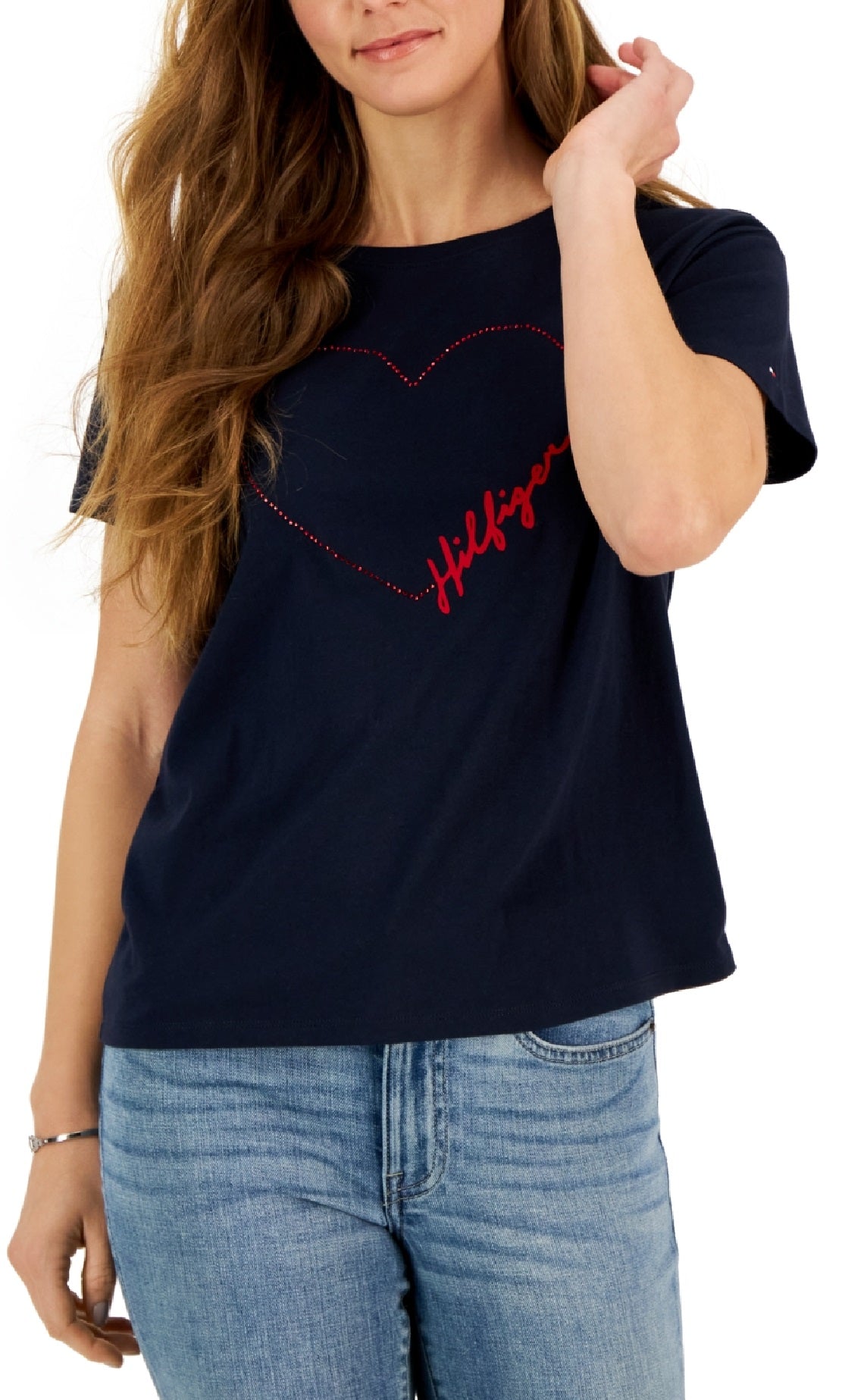 Tommy Hilfiger Women's Signature Heart Graphic T-Shirt Blue Size Large