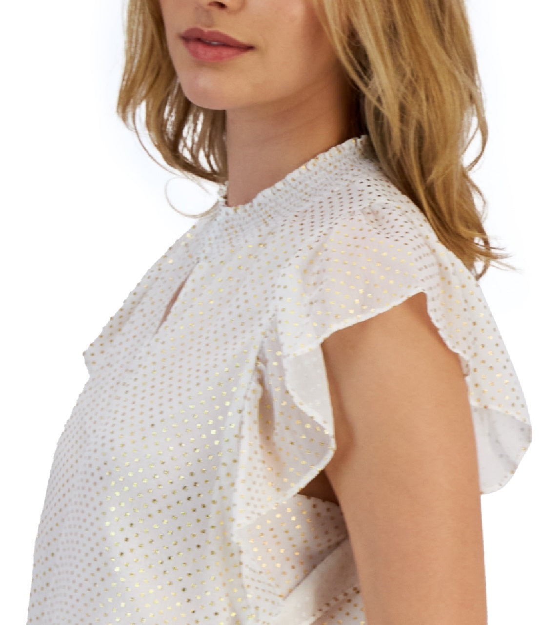 Tommy Hilfiger Women's Ruffle Sleeve Metallic Dot Top Brown Size Medium