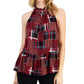 टॉमी हिलफिगर महिलाओं के लिए हाई नेक प्लेड पेप्लम हेम टॉप लाल रंग, साइज़ X-लार्ज