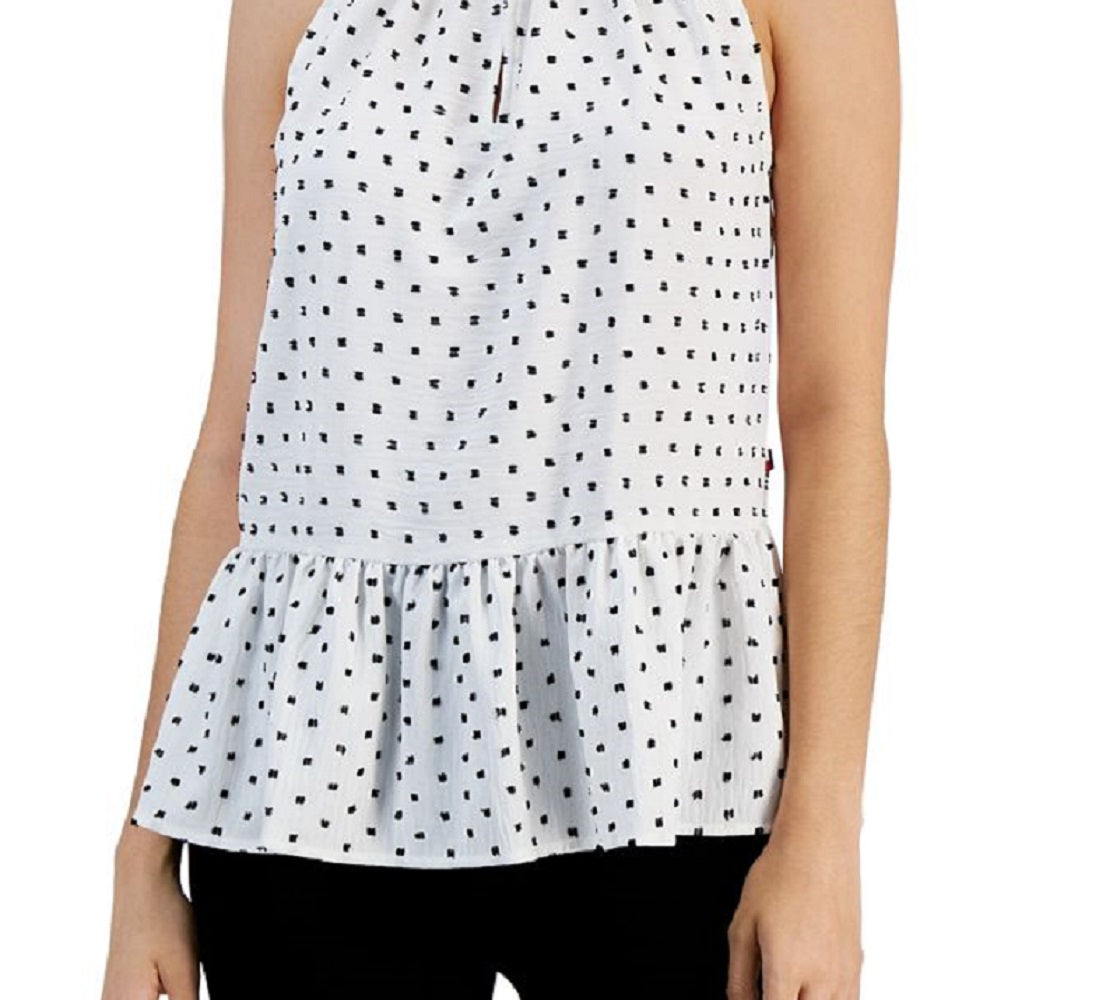 Tommy Hilfiger Women's Printed Sleeveless Peplum Hem Top White