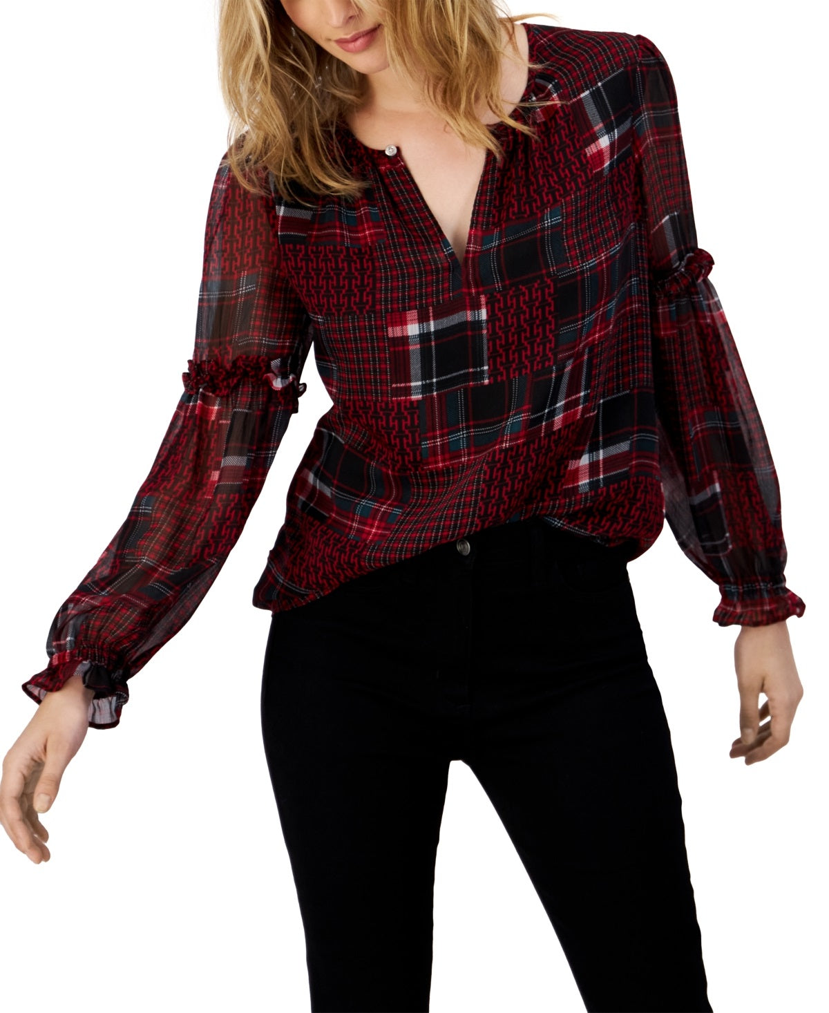 Tommy Hilfiger Women's Patchwork Plaid Ruffle Sleeve Top Red Size X-Large