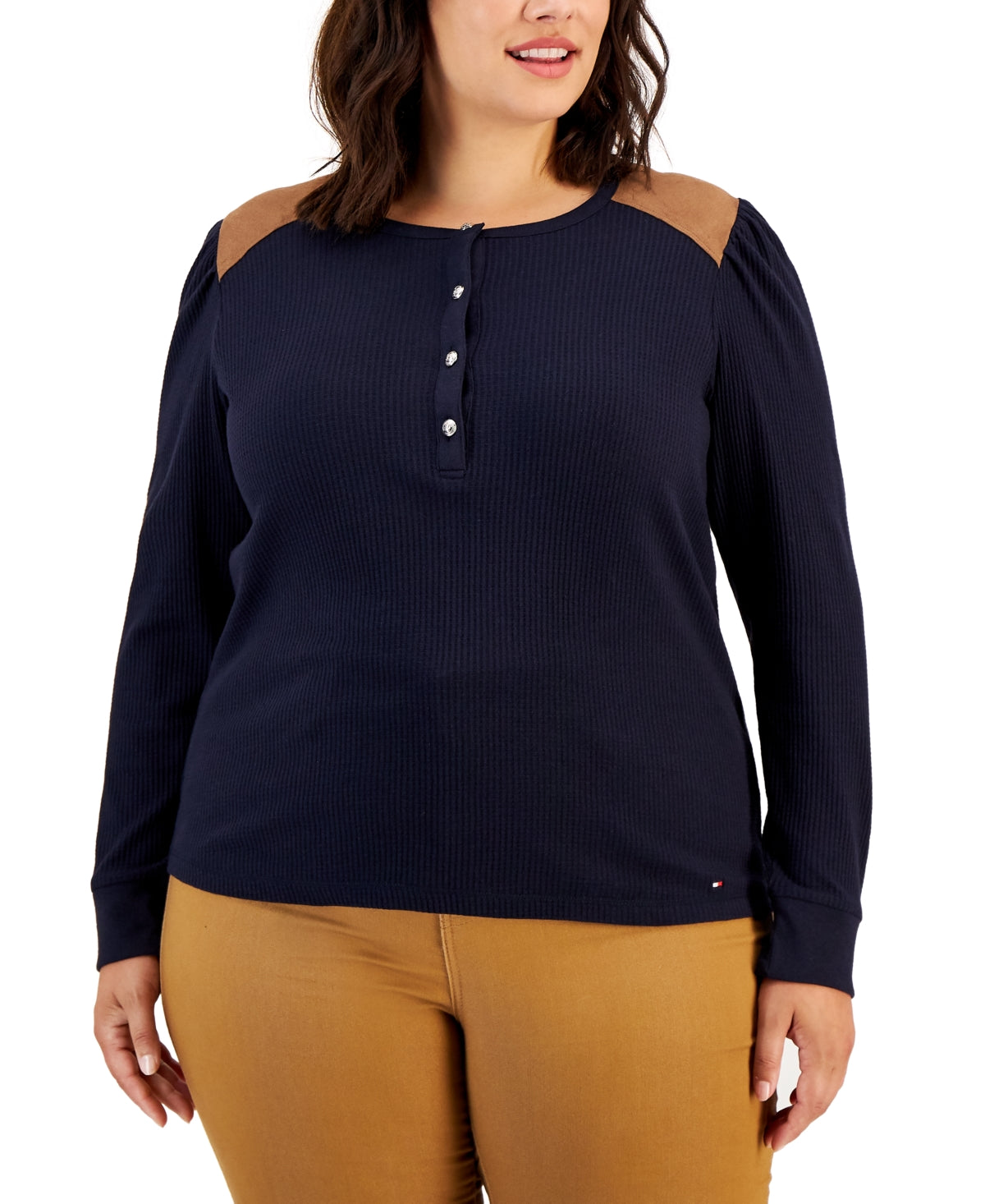 Tommy Hilfiger Women's Faux Suede Yoke Henley Top Blue Size 1X
