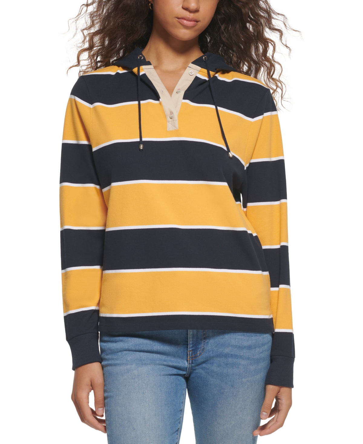 Tommy Hilfiger Women's Rugby Stripe Long Sleeve Hoodie Blue Size Medium