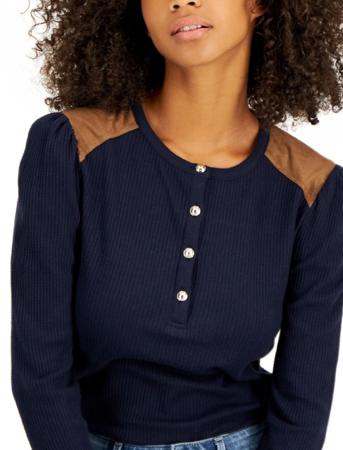 Tommy Hilfiger Women's Faux Suede Trim Henley Top Blue