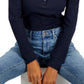 Tommy Hilfiger Women's Faux Suede Trim Henley Top Blue