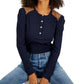 Tommy Hilfiger Women's Faux Suede Trim Henley Top Blue