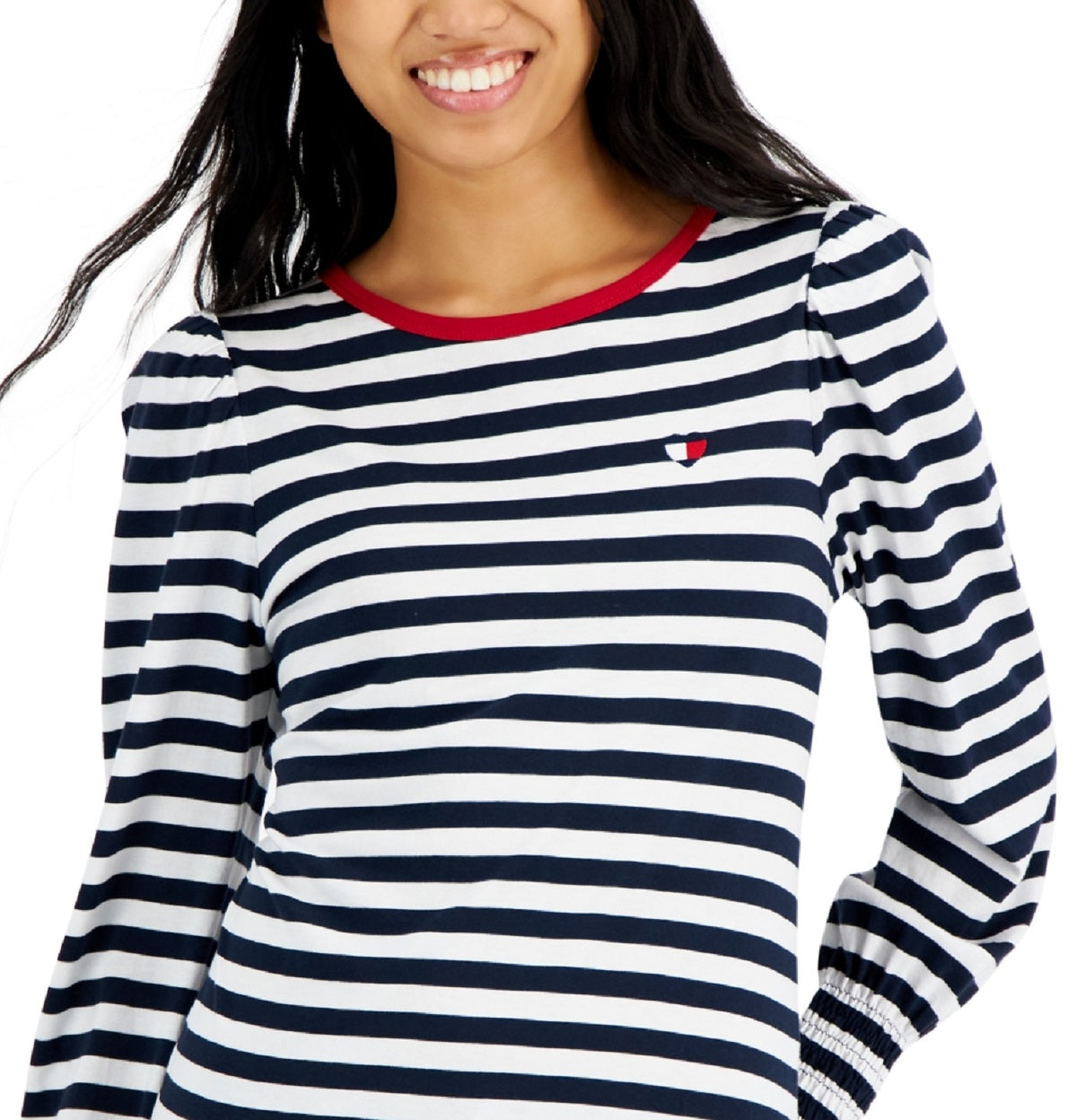 Tommy Hilfiger Women's Striped Smocked Cuff Top Blue Size Large