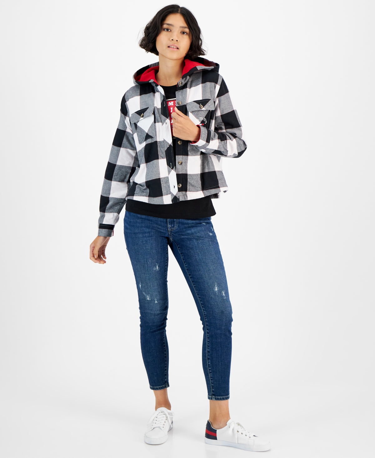 Tommy Jeans Women's Plaid Fleece Lined Hooded Shirt Jacket White Size X-Large