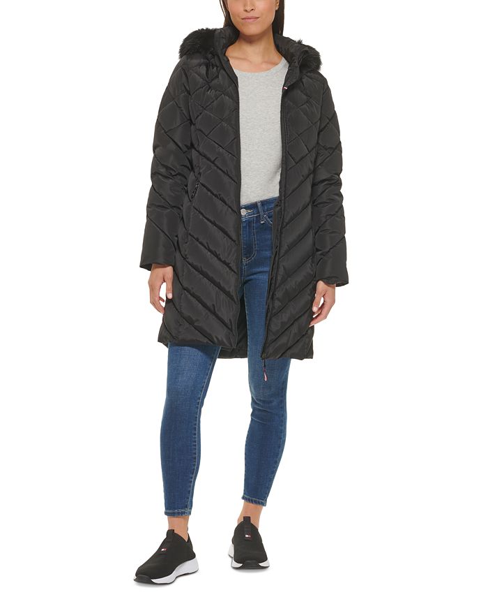 Tommy Hilfiger Women's Faux Fur Trim Hooded Puffer Coat Black Size Large