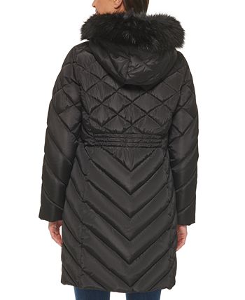 Tommy Hilfiger Women's Faux Fur Trim Hooded Puffer Coat Black Size Large