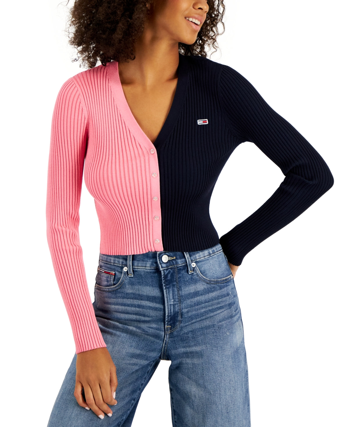 Tommy Jeans Women's V Neck Pullover Colorblock Sweater Pink Size Medium