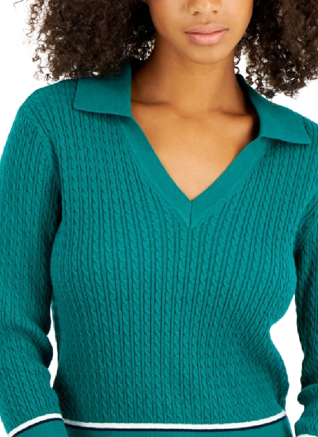 Tommy Hilfiger Women's Cotton Johnny Collar Cable Knit Sweater Green Size Large