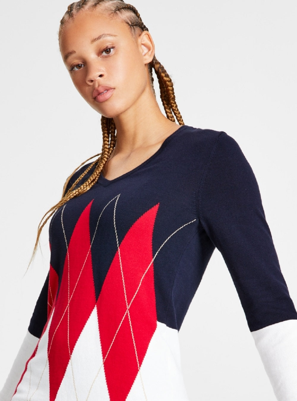 Tommy Hilfiger Women's Cotton Colorblocked Argyle Sweater Blue Size Medium